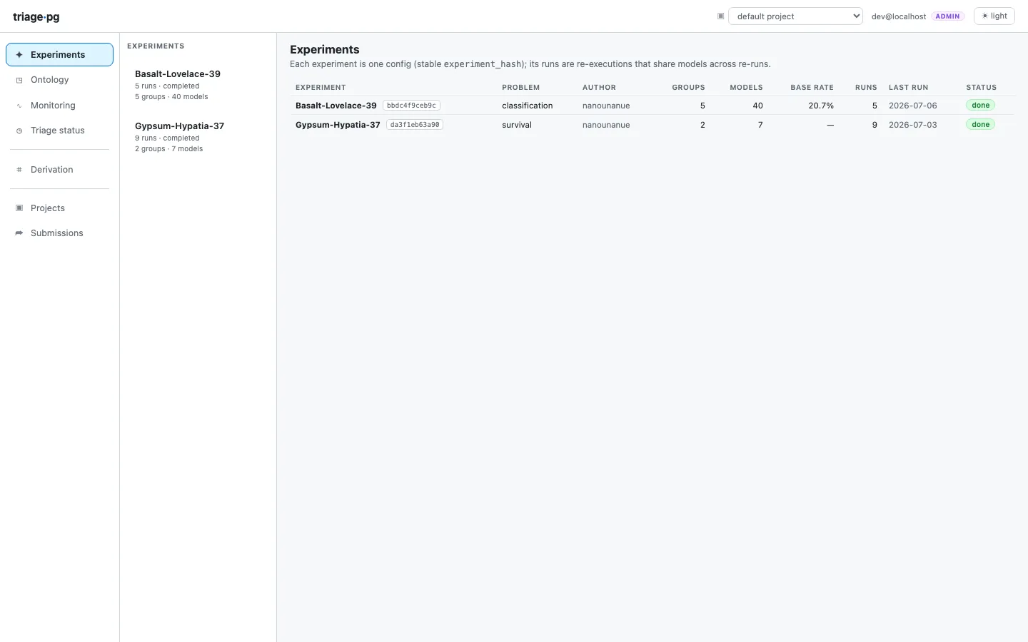 The experiments list: one row per experiment with problem type, framing, groups, models, base rate, last run