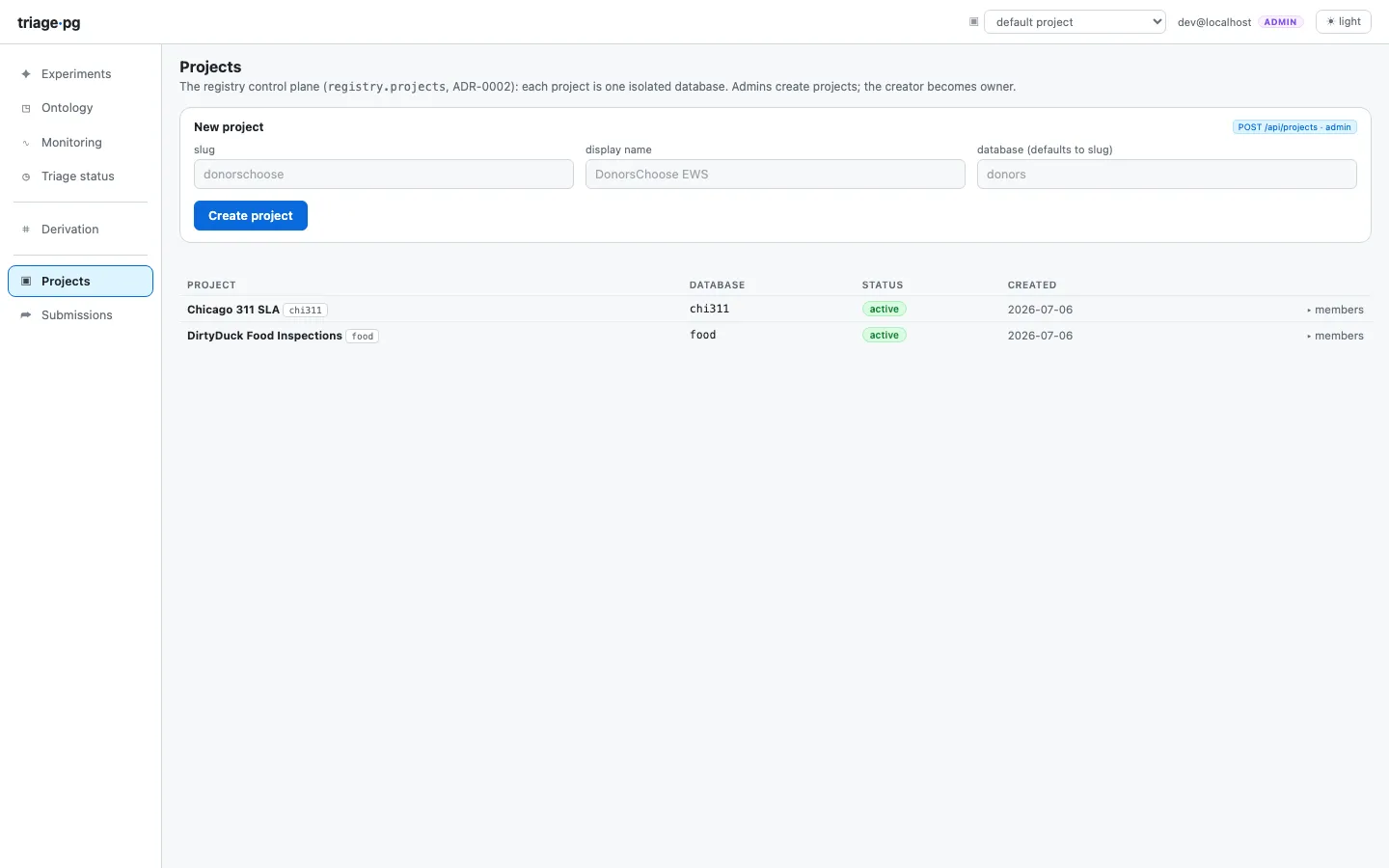 The projects view: the registry control plane