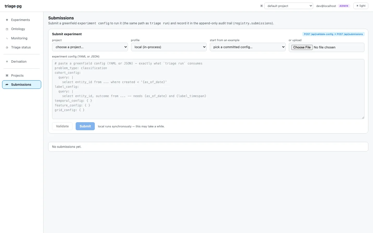 The submissions form: config validation with path-addressed errors before submission